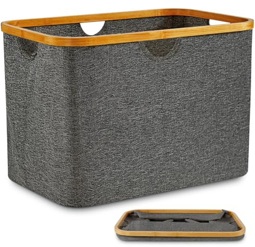DOKRVLOQ Wäschekorb Faltbar 68L Grau Ideal als Zusammenklappbar Aufbewahrungskorb Natur Bambus Stoff Faltbarer Korb Aufbewahrung Klappbar Wäschewanne Flach Wäschesammler