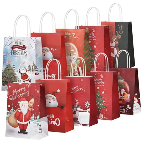 BBLIKE 10 Stück Geschenktüten Weihnachten - Weihnachtstüten mit Henkel Muster des Weihnachtsbaum und Elch, Weihnachten Papiertüten für Weihnachts geschenk, Weihnachtssüßigkeiten, Weihnachtsfeier