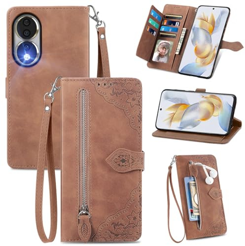 BLOTECH Brown Embossed PU Zipper Case for Honor 90 Smart Phone Wallet Flip Zipper Case Cellphone Shell Large Capacity Handbag Purse Zipper Pocket Magnetic Clutch with Wrist Strap