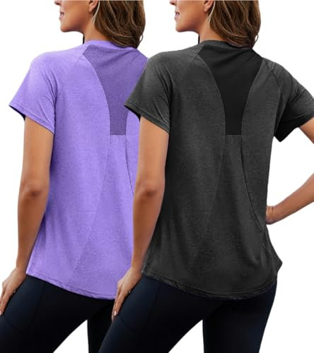 Nekosi Sportshirt Damen Kurzarm, Rundhals Back Mesh Sport Oberteile Damen, Elastisches leichtes atmungsaktives Funktionsshirt geeignet für Fitness Sports Lauf Yoga Weiß&Lila XXL