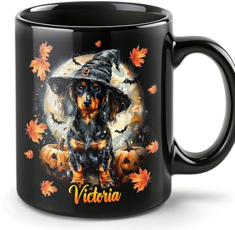 Smile Lab Personalized Halloween Dachshund Mug - Custom Coffee Cup for Dog Lovers, Women - Ceramic Halloween Decor Gift