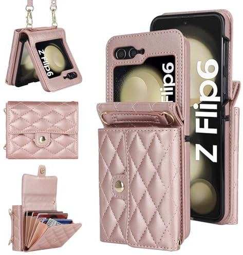 XIZYO Coque pour Samsung Galaxy Z Flip 6, Coque Flip Portefeuille Étui en Cuir PU, avec Lanière Amovible et Réglable, Housse Filles Femmes Mignon Luxe avec Porte-Cartes, Or Rose