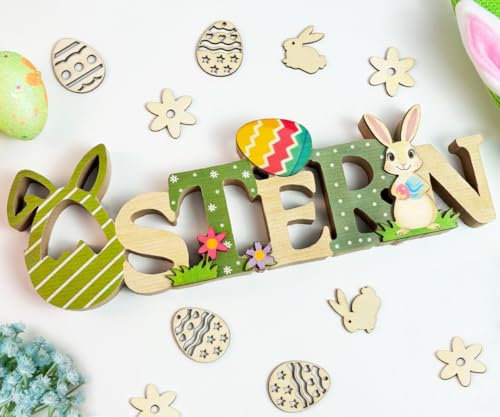 Ostern Deko Hase, Ein Große Holz Osterdeko Hase mit 40 Ostern Streudeko, Ostern Geschenk Osterdekoration für Tischdeko Ostern