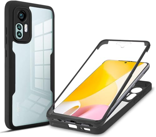UPLAI Trasparente Cover per Xiaomi 12 Lite 5G, 360° Grado Militare Antiurto Custodia con Protezione Schermo Integrata, Ultra Sottile PC + TPU Stylish Caso. Nero
