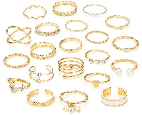21 Stück Ringe Gold Damen Frauen, Boho Goldener Stapelringe Daumenring Fingerring Stapelbarer Knuckle Ringe Blumen Blatt Ring Perlenring Statement Ring Schmuck für Damen Mädchen (Gold Set 1)
