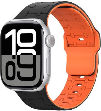 Astorgos Banda Sportiva Compatibile con Apple Watch Ultra 2/Ultra 49mm,S10 46mm,9/8/7 45mm,SE/6/5/4 44mm,3/2/1 42mm, Fascia in Silicone Regolabile e Cinturino di Ricambio Traspirante, Nero/Arancione
