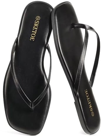 SKETOE Flip Flops for Women Square Toe Flat Sandals for Women Comfortable Thong Sandals Leather Flip Flops Lightweight Summer Beach Sandals Dressy Vacation Essentials Slides, Black