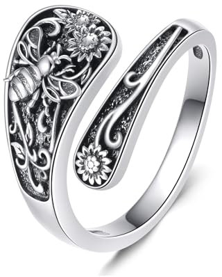 CUPENDA Bee Ring 925 Sterling Silver Sunflower Spoon Adjustable Vintage Rings Jewellery For Women Mother
