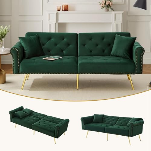Zweisitzer Sofa mit Schlaffunktion, Samt Klappsofa mit Verstellbare Rückenlehne, Schlafcouch Ausziehbar mit 6 Vergoldeten Füßen, Kleine Sofas für Kleine Räume, 173x75 cm, Grün