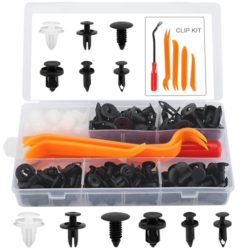 155 Stück Auto Befestigung Clips, Universal Befestigungsclips Set, 6 Größen Spreiznieten Mit 5 Stück Werkzeug, Türverkleidung Kunststoffschrauben Set für die Meisten Modelle