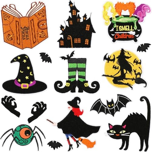 Monsully 15pcs Halloween Autumn Iron on Patches Halloween Embroidered Sew Applique Repair Patch Cute Skull Pumpkin Ghost Black Cat Witch Bats DIY Crafts for Clothing Jacket Dress Backpack Hat Decor