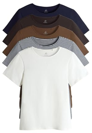 THE SET Damen kurzärmelige, körpernahe T-Shirts mit Rundhalsausschnitt Navy/Chocolate Brown/Brown/Stripe/White M