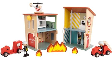 Classic World Feuerwehrstation aus Holz Spielset mit Zubehör
