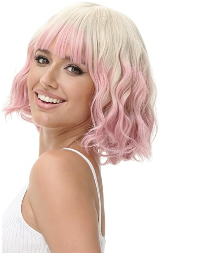 Luxiremi Perücke Pink Bob Kurze Lockig Perücken mit Pony für Damen Cosplay | Ombré Spezielle Schulterlang gewellt synthetisches Haar mit Pony. Inkl. 1 Perückenhaarnetz für Frauen, Karneval Halloween