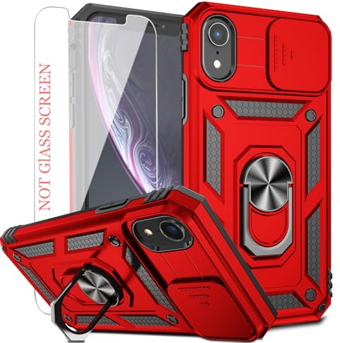 AYMECL Iphone XR Case,with Slide Camera Cover & HD Screen Protector, Heavy Duty Shockproof Protective Case with Rotated Ring Kickstand for Iphone XR,Red