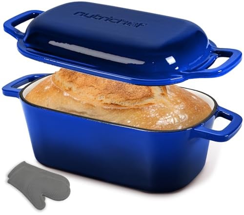NutriChef 10 Enameled Cast Iron Bread Pan with Lid, Oval Loaf Dutch Oven with Silicone Gloves, Oven-Safe to 500°F, for Baking, Roasting, Stewing & More, Dishwasher Safe (Blue)