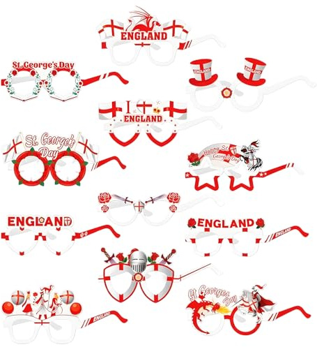 YFHUVB 12 Pcs St George's Day Novelty Glasses, England Flag Themed Paper Eyeglasses, St Georges Day Decorations Photo Booth Props for UK Patriotic Celebrations, World Cup 2026 Football Party Favors
