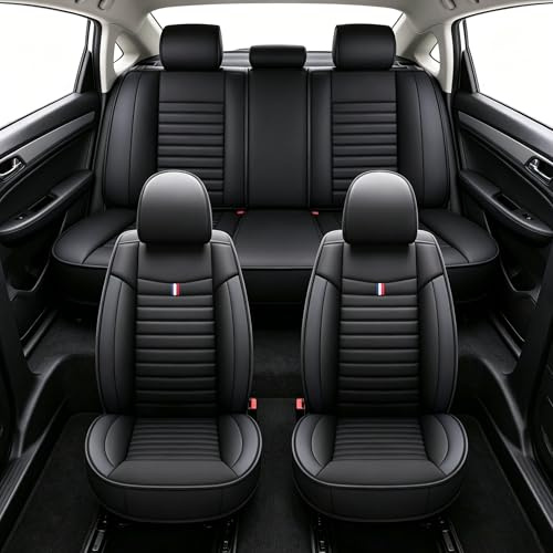 Chifeng 5-teilige universelle Autositzbezüge aus Kunstleder, wasserdicht, Abriebfest, atmungsaktiv, passend für SEAT Altea Arona Ateca Ibiza Leon Tarraco (schwarz)