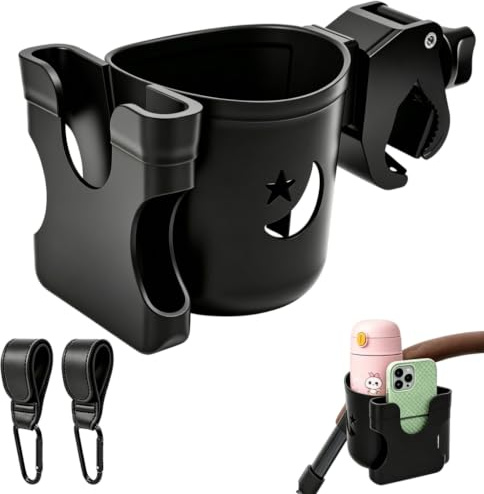 PULCINELLI Universeller Getränkehalter für Kinderwagen Becherhalter Buggy Rollator Fahrrad Flaschenhalter mit Telefonfach, 2 Haken Verstellbare Klemme für Trinkflaschen Kaffeebecher und Nuckelflaschen