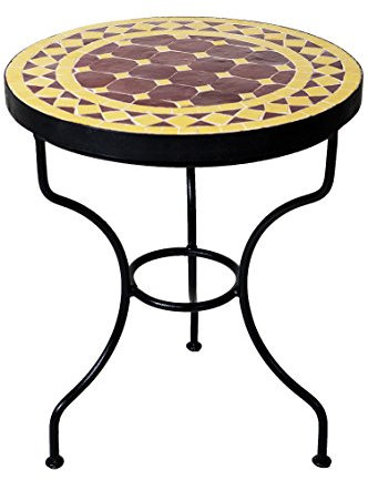 ORIGINAL Marokkanischer Mosaiktisch Beistelltisch ø 40cm rund | Runder Mosaik Gartentisch Mediterran | Handarbeit aus Marokko als Blumentisch für Balkon oder Garten | Marrakesch Bordeaux Gelb 40cm