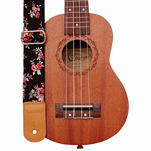 Music First Ukulele-Schultergurt aus weicher Baumwolle und echtem Leder, Originales Design mit rosafarbenen Blüten auf schwarzem Hintergrund