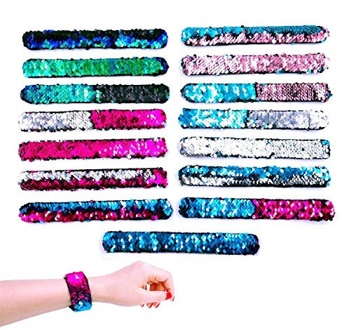JZK 15 x Meerjungfrau Armbänder Pailletten Slap Armband Spielzeug für Kinder Mädchen Gastgeschenke Party Favors Supplies Geburtstag Geschenke
