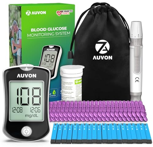 AUVON Blood Glucose Monitor Kit, High Accuracy Blood Sugar Test Kit with 50 Glucometer Strips, 50 30G Lancets, 1 Lancing Devices, DS-W Diabetes Testing Kit, No Coding Required, Travel Size