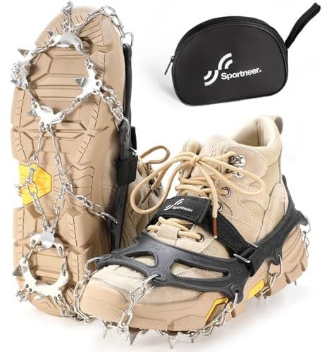 Sportneer Crampones, 19 Dientes Tacos de tracción Nieve y Hielo Tracción para Invierno Deportes Montañismo Escalada Caminar Alpinismo Cámping Acampada Senderismo, Negro, XL