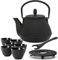 Teekanne asiatisch Gusseisen Set 0.8 Liter - kleine schwarze Gusskanne mit Henkel & Edelstahl Tee-Filter Sieb-Einsatz für losen Tee & 6 Teebecher (Tassen) & Untersetzer &Deckelheber