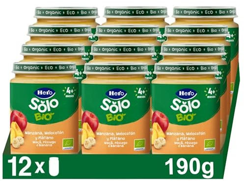 Hero Solo Bio Tarritos de Manzana, Melocotón y Plátano 100% Ecológico, con Ingredientes Naturales para bebés desde los 4 meses - Pack de 12 x 190 g