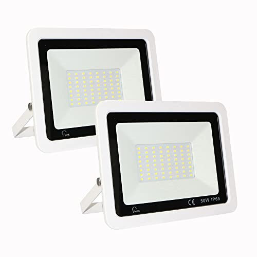 Mille Lucciole 2 Stück 50W LED Strahler Außen,5000LM Superhell Außenstrahler IP65 Wasserdicht Fluter 4500K Neutralweiß Scheinwerfer,LED Strahler für Garage,Garten,Keine Bewegungsmelder【Weiß】