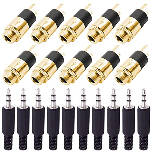 Youmile 10PCS PJ-392 3.5mm Stereo Female Socket Jack Panel Mount Gold Plated Audio Headphone Connector Audio Plug for MP3 with 10PCS 3.5mm TRS Male Plug Connector