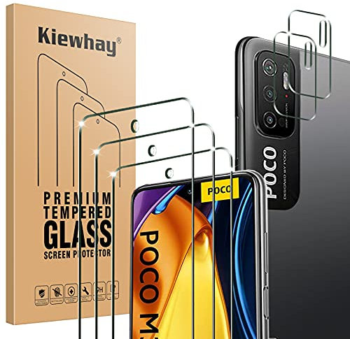 Kiewhay Protector de Pantalla Compatible con Xiaomi Redmi Note 10 5G/ Poco M3 Pro 5G Cristal Templado 6,5'', 3x Vidrio Templado +2x Protector de Lente de Cámara, HD Protector Pantalla - 5 Piezas