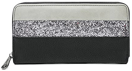 Gallantry Portefeuille Femme Paillette Rayures Zippé - Porte-Cartes Monnaies Tout-en-Un Format Long - Wallet Compagnon Bandes Grande Capacité Similicuir Souple - Chic Elégant - Gris Noir