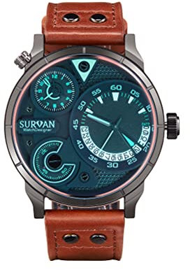 SURVAN WatchDesigner Uhr für Männer Quarzwerk Analog Chronograph Herrenuhren Echtlederarmband wasserdichte Leuchtzeiger Red Magic Glass Mirror Uhr