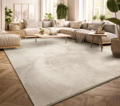 TT Home Wohnzimmer Teppich Kurzflor Anti-Rutsch Rückseite Unifarben Modern Waschbar, Farbe:Creme, Größe:80x300 cm