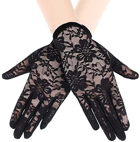 Andiker Kurz Spitzenhandschuhe Damen Schwarz, Vintage-Opernhandschuhe, zartgestrickte Etikette Bride-Handschuhe für Hochzeit, Teeparty, Abendparty, Kostümzubehör (Schwarz)