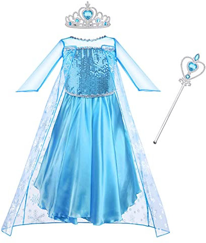 Vicloon Elsa kostüm mädchen, 3pcs Elsa Kleid Kinder Set mit Krone Diadem Zauberstab,Halloween Weihnachten Geburtstag Party Kostüm,kostüm mädchen-Blue