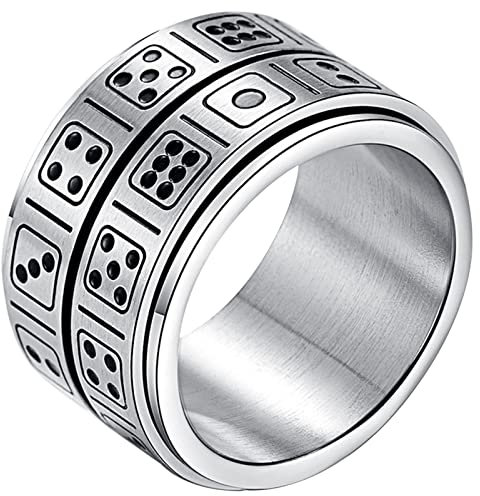 JewelryWe Würfel Angst Ring Herren: Silber Edelstahl Fidget Spinner Ring mit Zweireihig Drehbaren Würfeln Anti Stress Fingerring 13mm Breit Band Glücksring Spinnring Schmuck für Männer Größe 62
