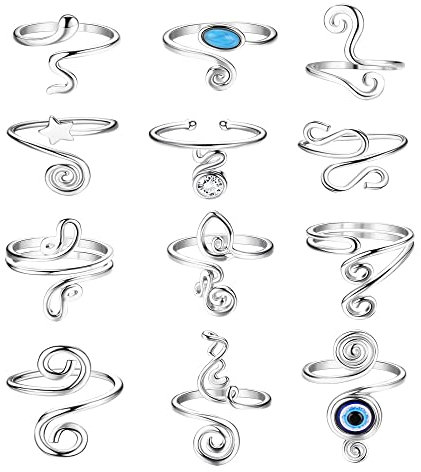 JeryWe 12 Pcs Bague Orteil Femme Anneau Ouvert Réglable Toe Ring Knuckle Ring Anneau de Queue Ouvert Minimaliste Evil Eye CZ Bague De Bande Bijoux d'Été Aux Pieds Nus Argent