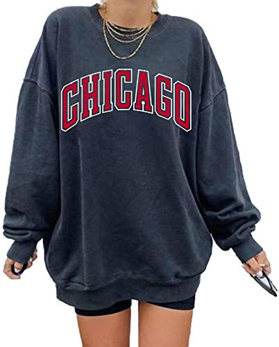 GeGekoko Damen übergroße Sweatshirt CHIGAGO Oversized Langarmshirt Rundhals Pullover Casual Oberteile Tops