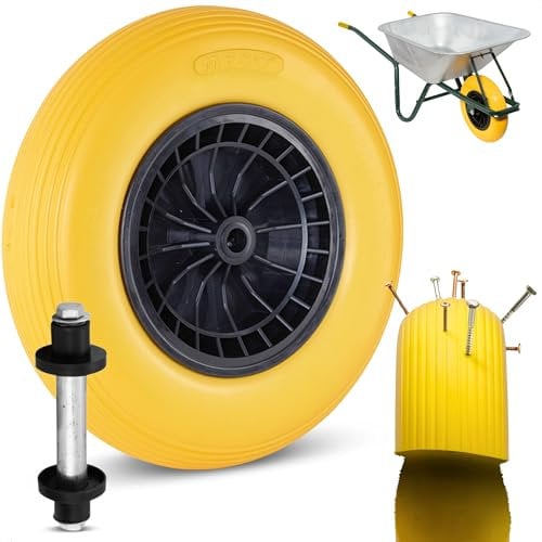MESO® Ruota Carriola Piena 4.80 4.00-8 Ø 400 mm con asse - Gomma piena e PU antiforatura ruota per carriola carrello da giardino -Con Ruota di Scorta e Cerchione in Plastica -Capacità di carico 200 kg