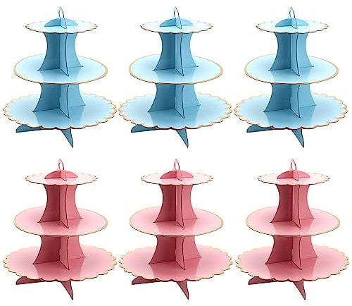 HEIHAK 6 Pack 3 Tier Cardboard Cupcake Stand, Pink and Blue Round Dessert Tower Cupcake Holder for Afternoon Tea, Birthday and Wedding
