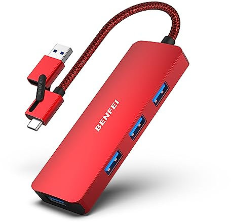 BENFEI Hub USB C, 2 en 1 con 4 Puertos USB 3.0 Compatible para MacBook, Mac Pro, Mini, iMac, Surface Pro, XPS, PC, Unidad Flash, HDD Móvil - Rojo