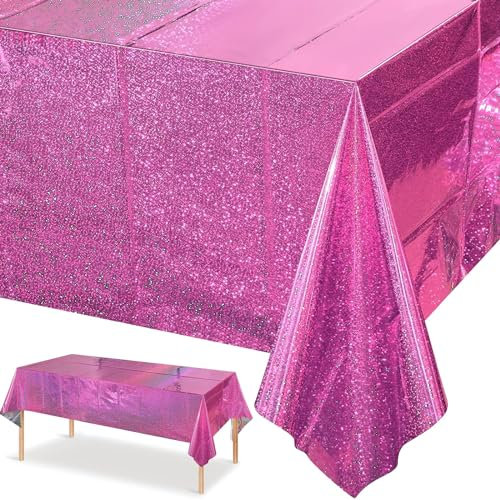 Tischdecke Geburtstag,Hot Pinke Party Tischtuch Wasserdicht Plastik Tischdecke Rosa Folientischdecke für Kinder Geburtstag Hochzeit Verlobung Picknick Party Dekoration 137 x 274cm
