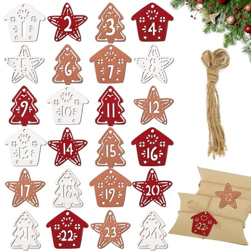 BETESSIN Adventskalender Zahlen Holz 1-24 Adventskalender Anhänger zum Basteln mit 24 Juteschnur Weihnachten Holzanhänger Holzzahlen Geschenkanhänger in Sternen Weihnachtsbaum Hausform Weihnachtsdeko