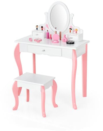LIFEZEAL Tavolo da toilette per bambini in legno con sgabello, tavolo da trucco con specchio girevole a 360° e piano rimovibile, tavolo da toilette per ragazze con 3 cassetti (bianco)