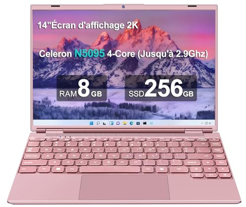 Ordinateur Portable 14'' Win 11 4 cœurs Celeron N5095 8+256Go SSD 1TB Expand 1920x1200 PC Portable Gamer,Laptop avec Mini HDMI 5G WiFi Souris sans Fil & AZERTY Clavier Couverture- Or Rose
