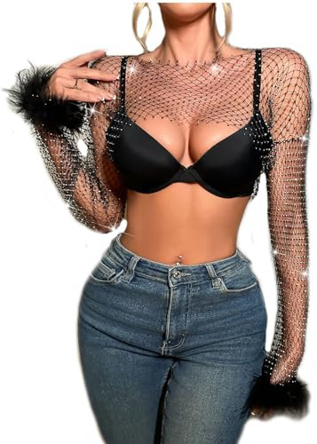 Women Sexy See Through Fishnet Shirt Crop Top Glitter Rhinestones Long Sleeve Feather Blouses, Music Festival Raves Beach Bikini Bra Cover Up Costume Party Night Out Outfit Clubwear