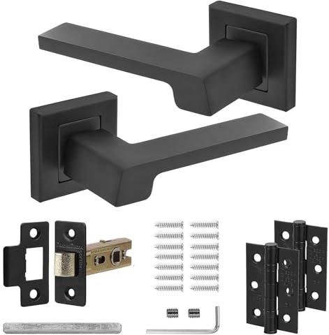 Decoranddecor Black Door Handles Internal – Aluminium Matt Black Door Handle Sets for Interior Doors | Internal Door Handles with Mortice Latch and Butt Hinge | Spectra Range